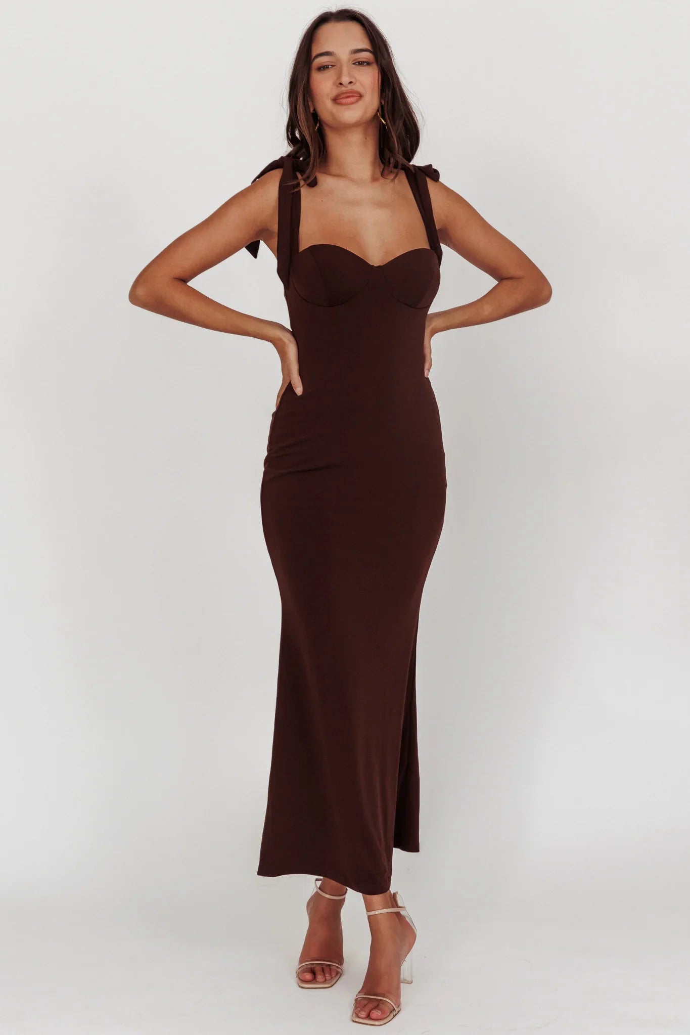 Rose Garden Tied Shoulder Maxi Dress Brown