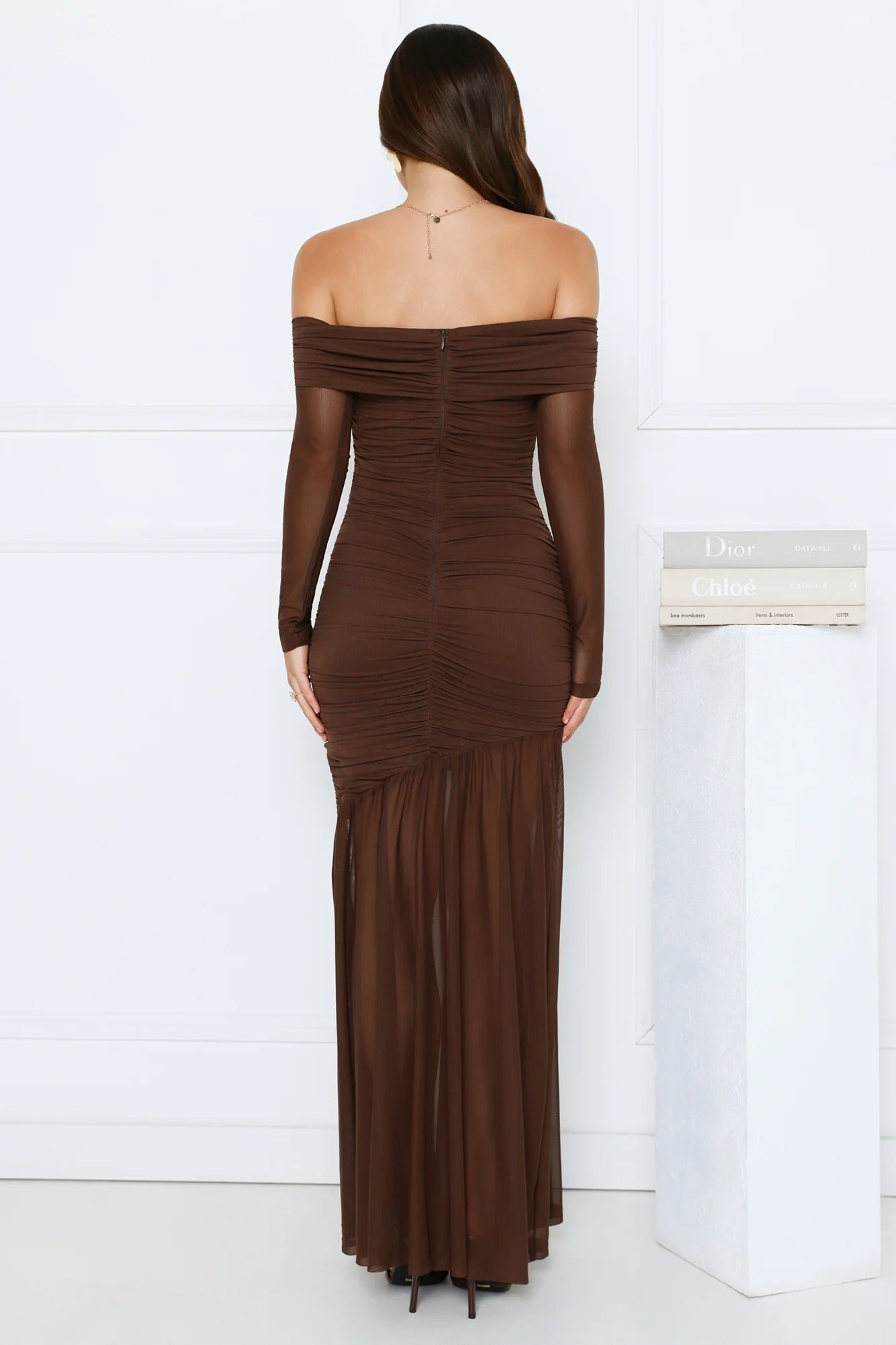 Velour Allure Off Shoulder Maxi Dress Brown