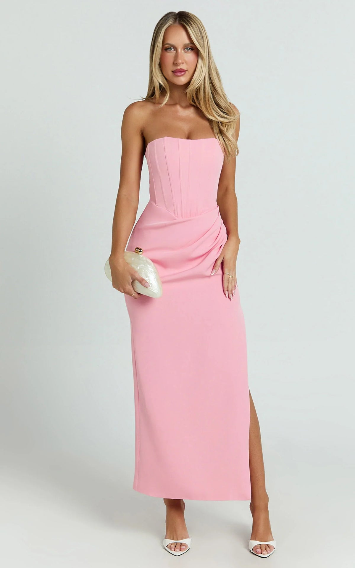 Strapless Draped Side Split Dress in Pink