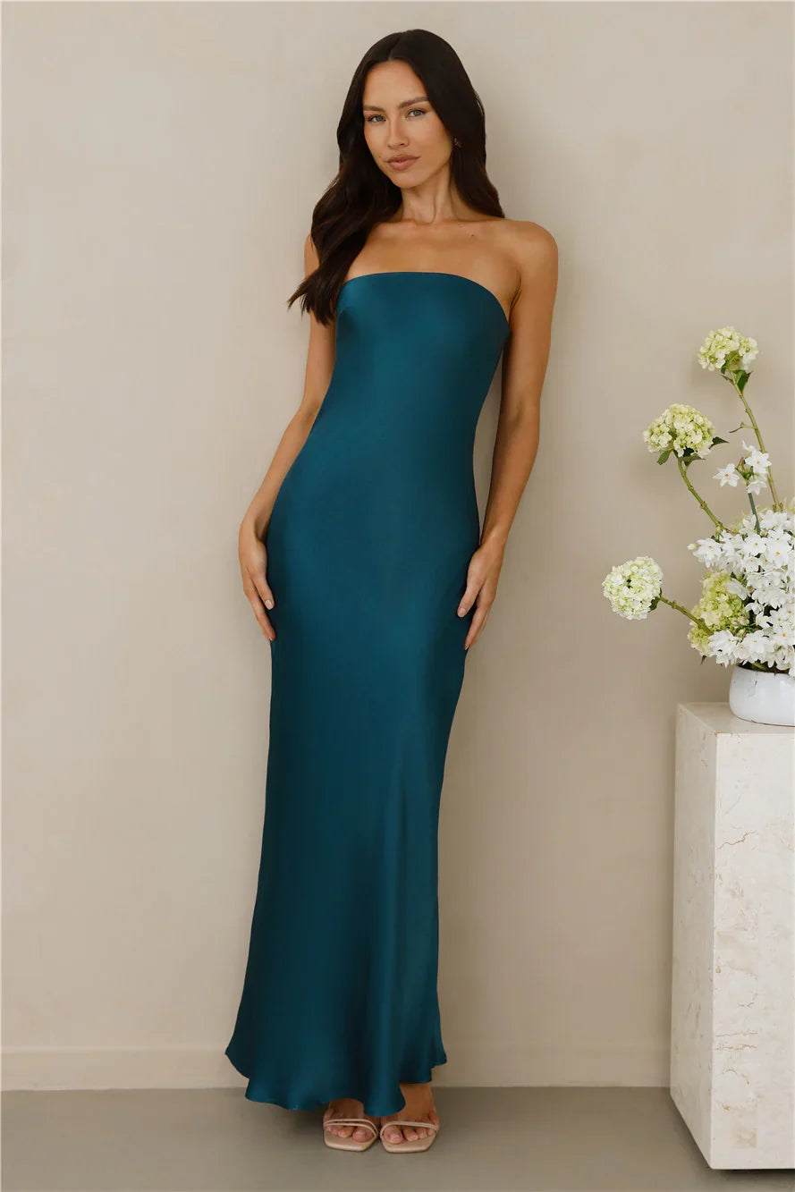 The Felicity Strapless Satin Maxi Dress Teal