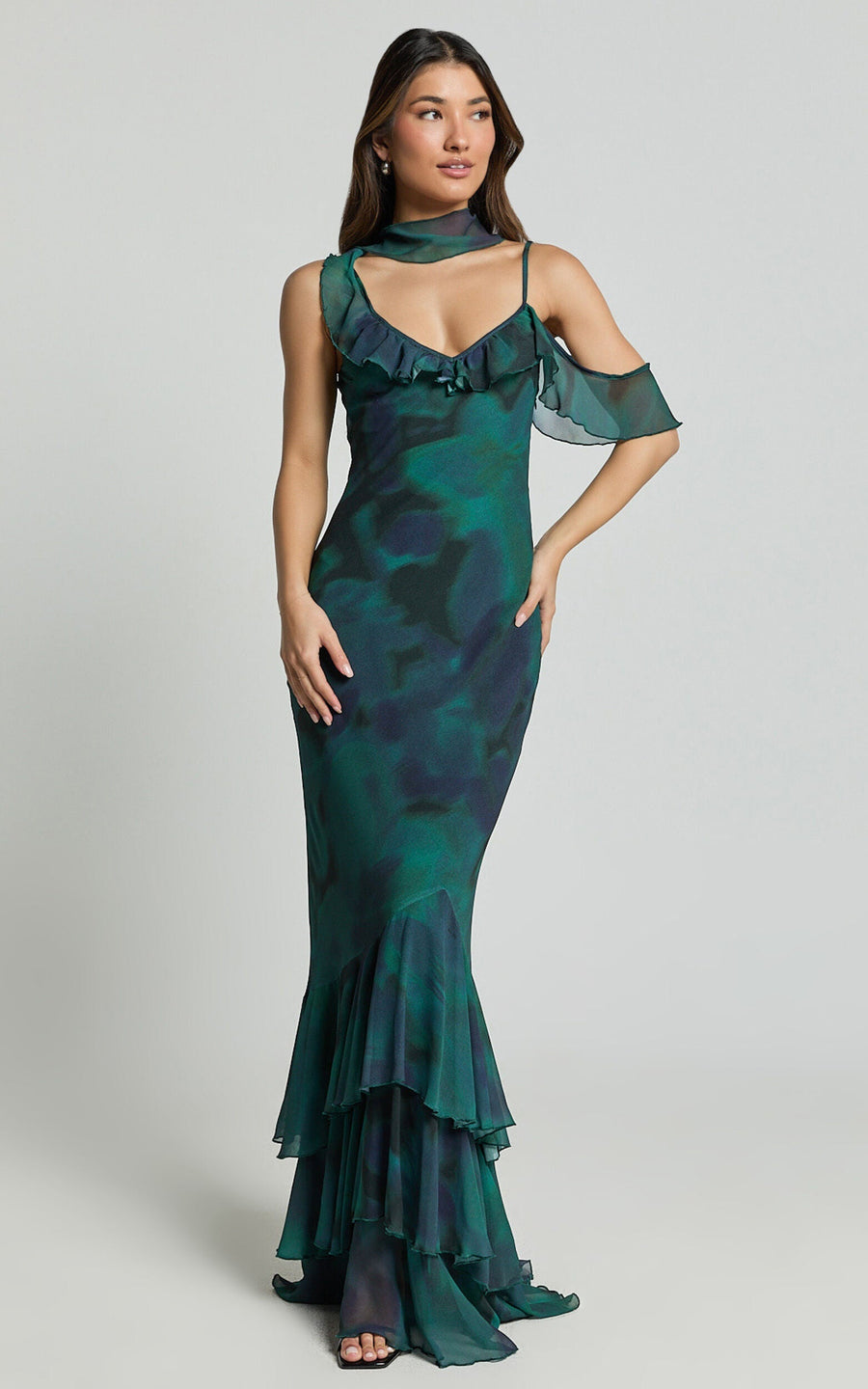 Riley Maxi Dress - Asymmetric Ruffle Detail Maxi Dress in Moss Adeana