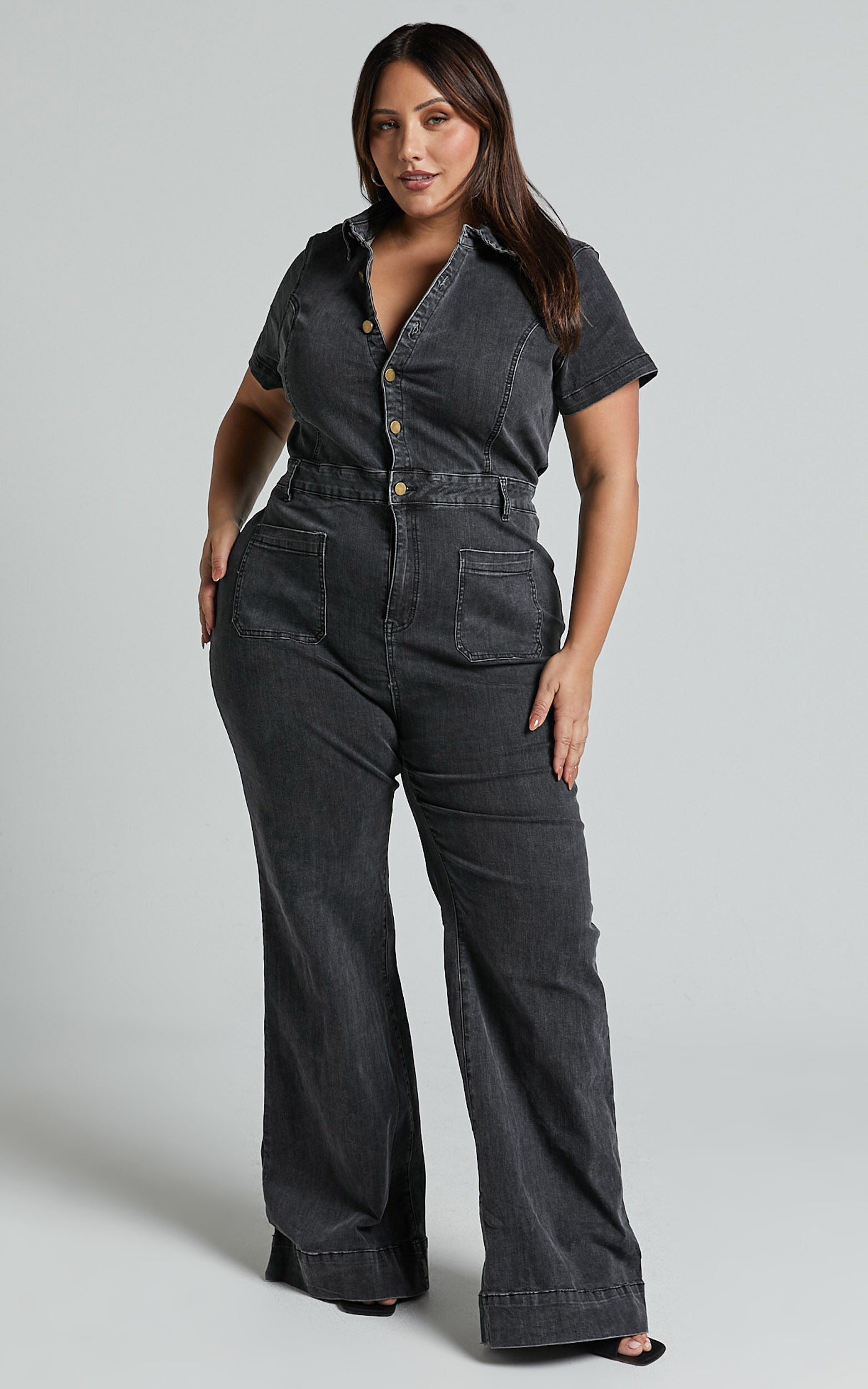 Silvena Jumpsuit - Short Sleeve Flared Denim Jumpsuit in Black Wash