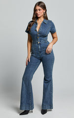 Silvena Jumpsuit - Short Sleeve Flared Denim Jumpsuit in Indigo Wash